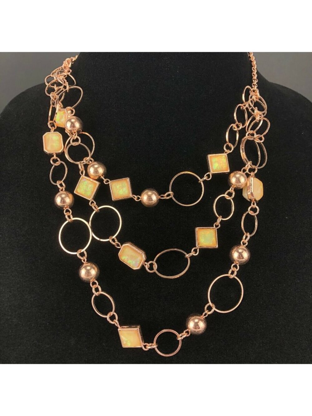 Kohls Metal Necklace Copper Tone Triple Strand Chain with Pearlescent Stones